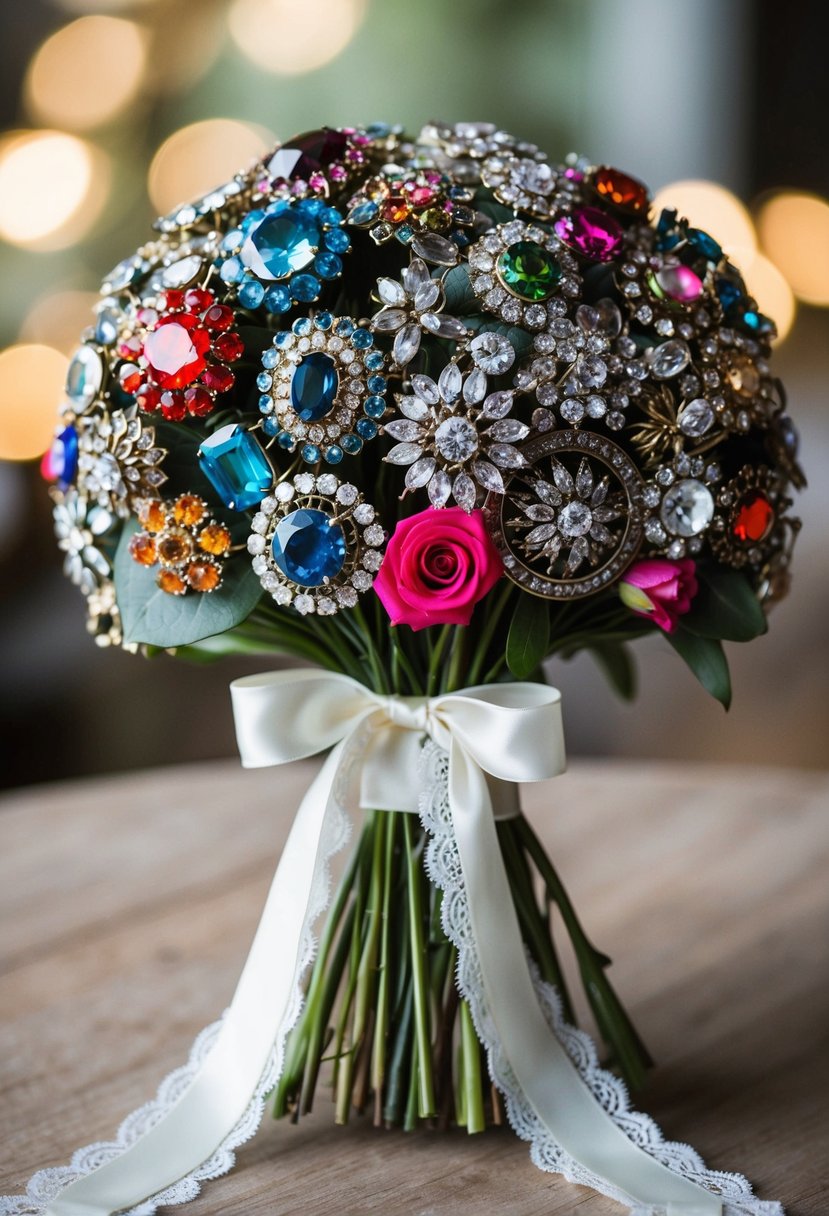 A colorful assortment of brooches and jewels arranged in a cascading bouquet, tied together with satin ribbons and delicate lace