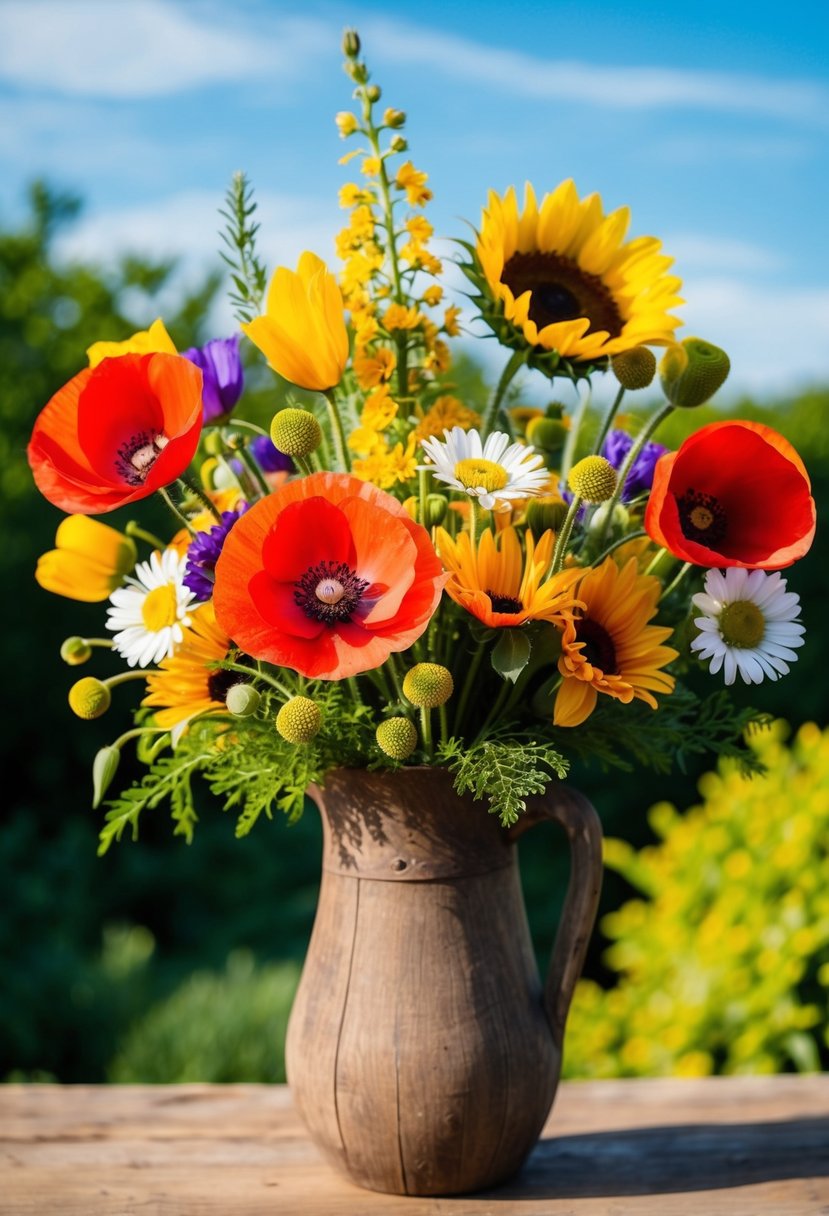 A colorful bouquet of poppies, daisies, and sunflowers arranged in a rustic wooden vase, set against a backdrop of lush greenery and bright blue sky