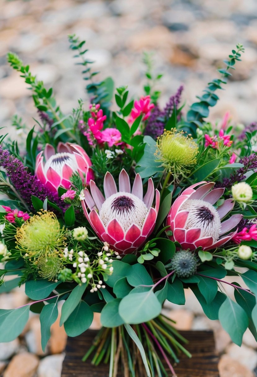 A vibrant bouquet of protea, eucalyptus, and wildflowers arranged in a rustic, yet elegant, style. The colors are bold and summery, with a mix of pinks, purples, and greens