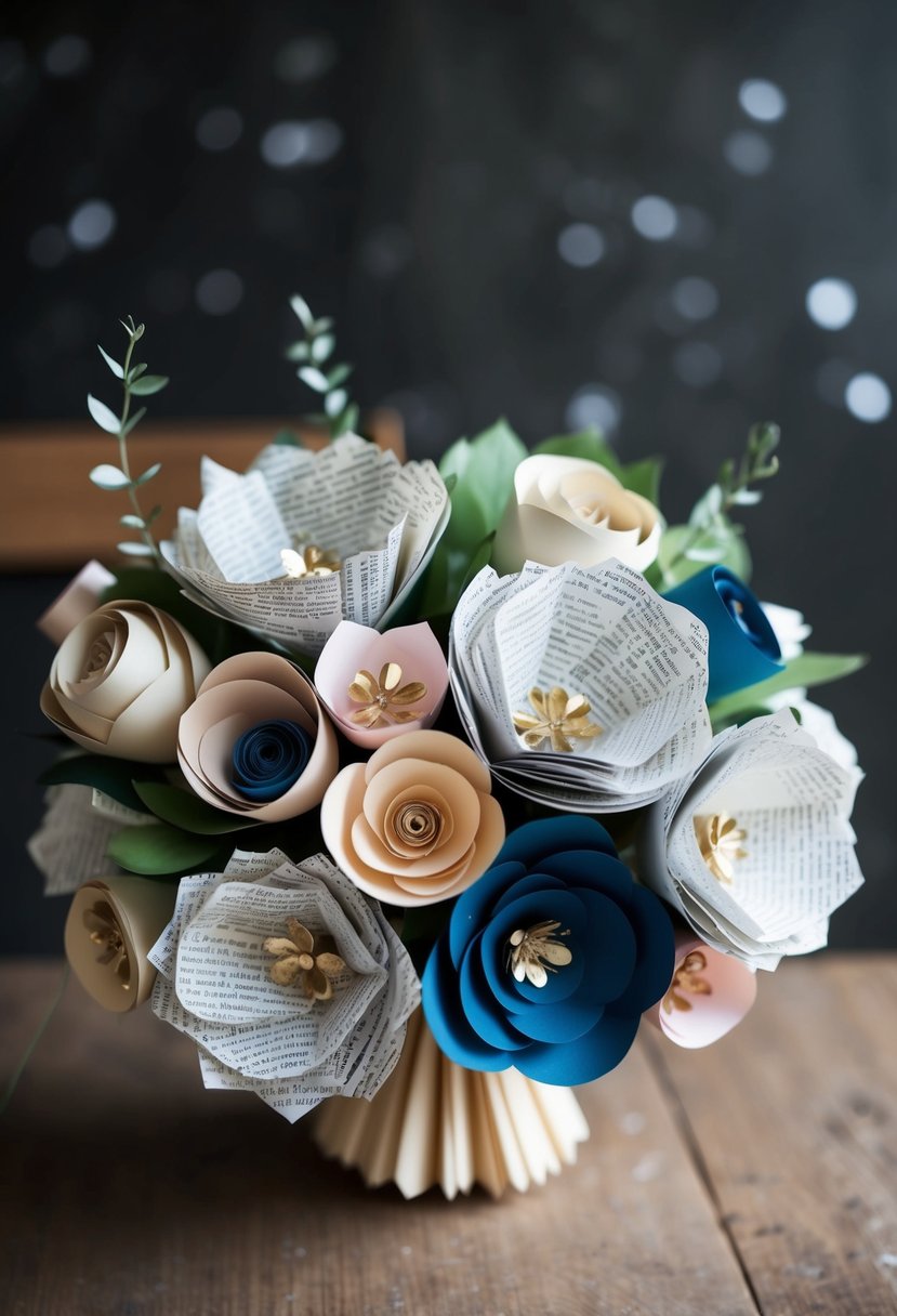 A collection of paper flowers in various shapes and sizes arranged in a bouquet, with book pages incorporated into the design