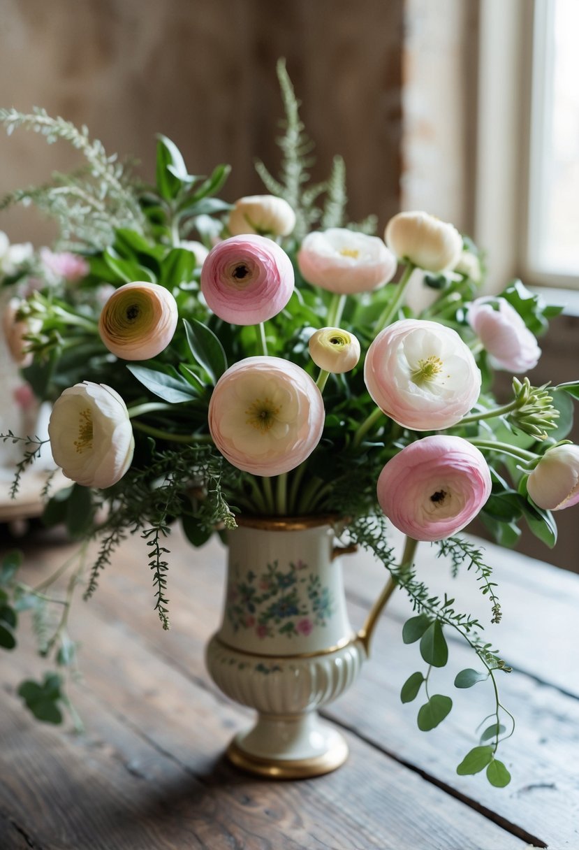 A lush bouquet of pastel ranunculus flowers, accented with delicate greenery, sits in a vintage-inspired vase on a rustic wooden table