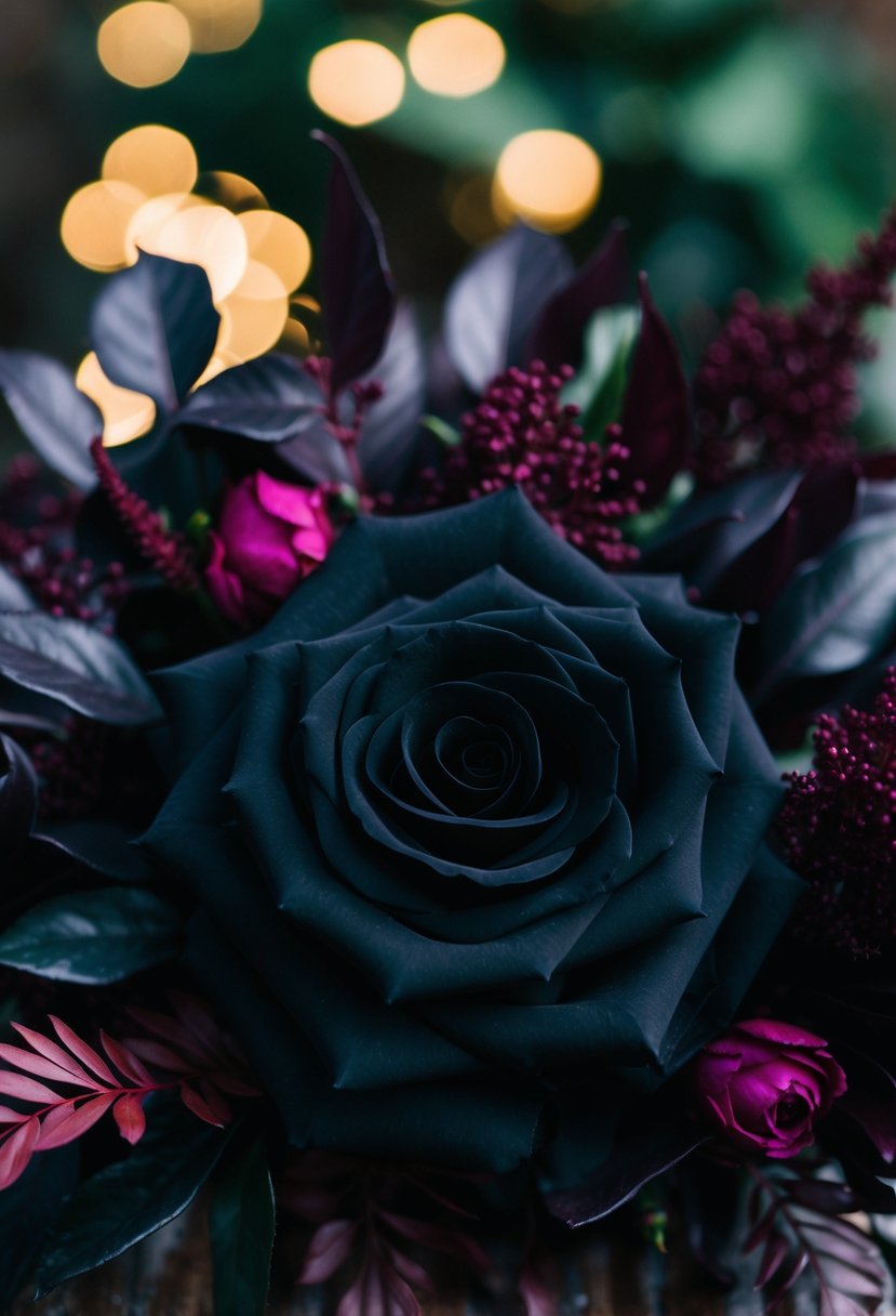 A black rose bouquet with deep purple accents and dark foliage