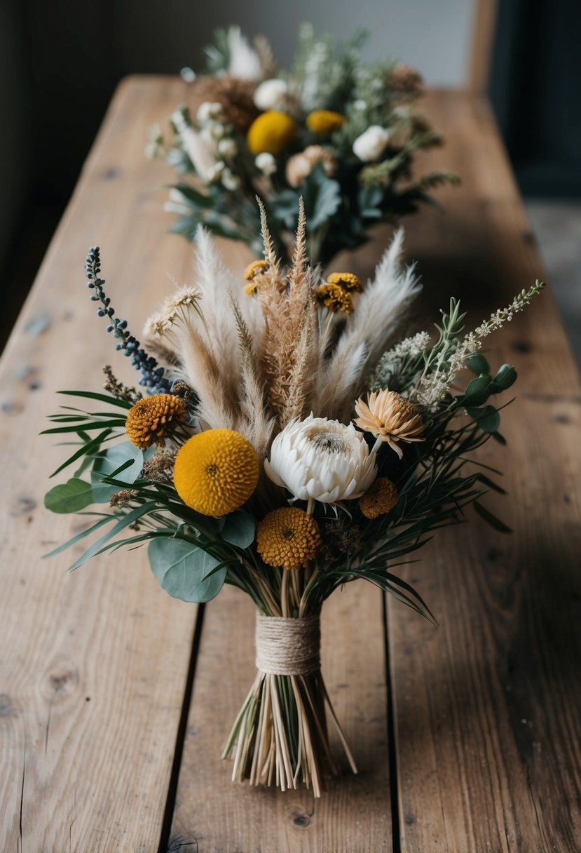 A rustic wooden table adorned with a variety of dried flowers and greenery, arranged in an organic and natural style for a unique wedding bouquet