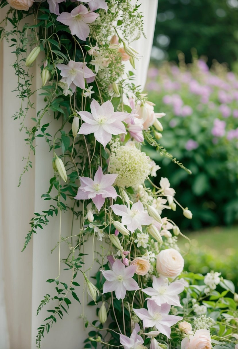 A cascading bouquet of ethereal clematis, delicate greenery, and soft pastel blooms, evoking a romantic summer wedding atmosphere