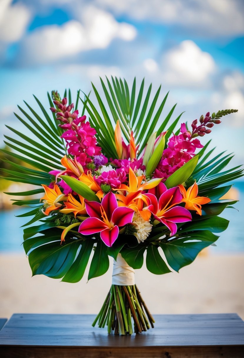 Vibrant tropical blooms and palm leaves arranged in a striking wedding bouquet