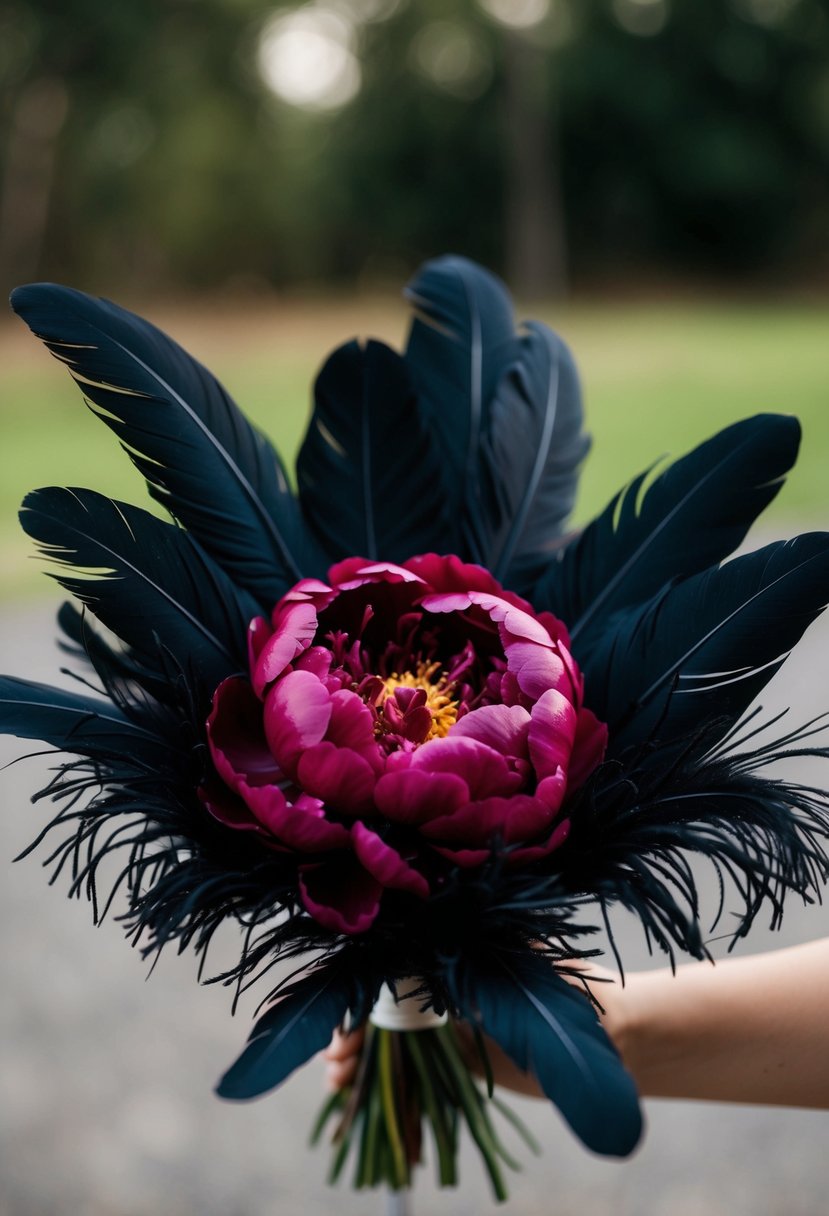 A burgundy peony surrounded by black spray-painted feathers, creating a dark and dramatic wedding bouquet