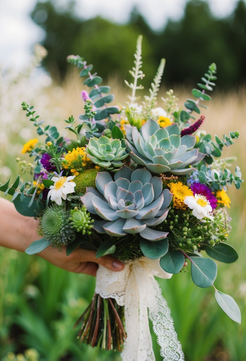 A vibrant wedding bouquet featuring succulents, eucalyptus, and wildflowers, tied with lace ribbon