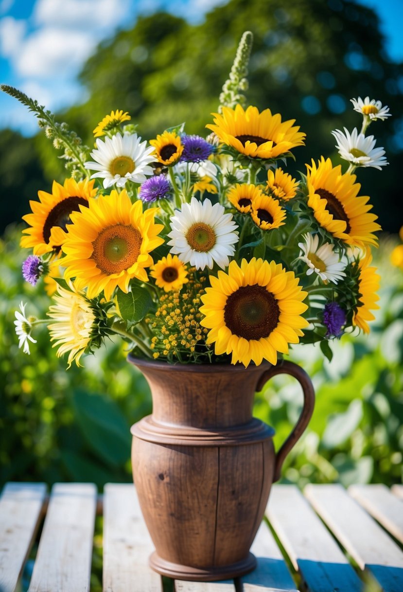 A vibrant array of daisies, sunflowers, and wildflowers in a rustic wooden vase, set against a backdrop of lush greenery and blue skies