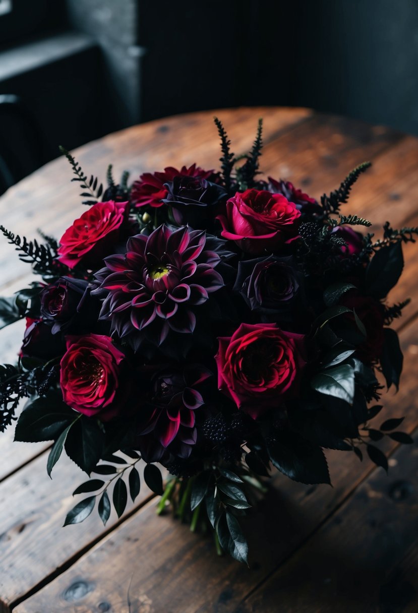 A moody bouquet of dark dahlias and deep red roses, accented with black foliage, sits on a rustic wooden table