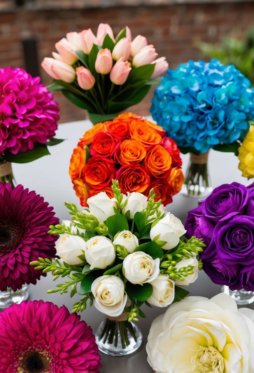 A collection of vibrant silk flower bouquets arranged in a variety of unique and elegant designs, perfect for wedding ceremonies