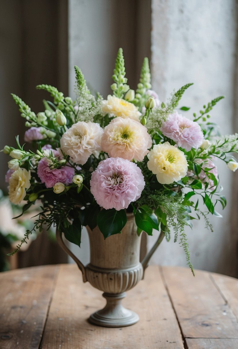 A lush bouquet of lisianthus in soft pastel hues, accented with delicate greenery, sits in a vintage vase on a rustic wooden table