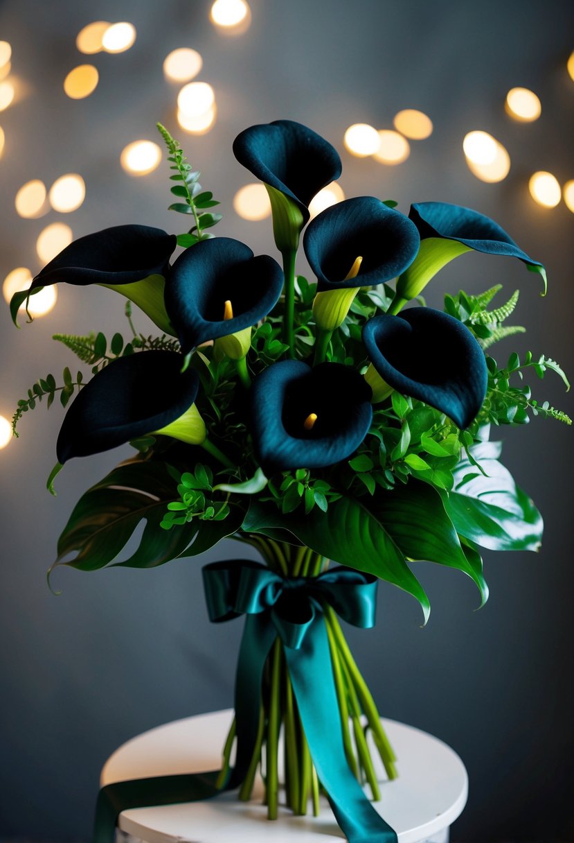 A lush, velvety black calla lily bouquet arranged with deep green foliage and tied with a satin ribbon