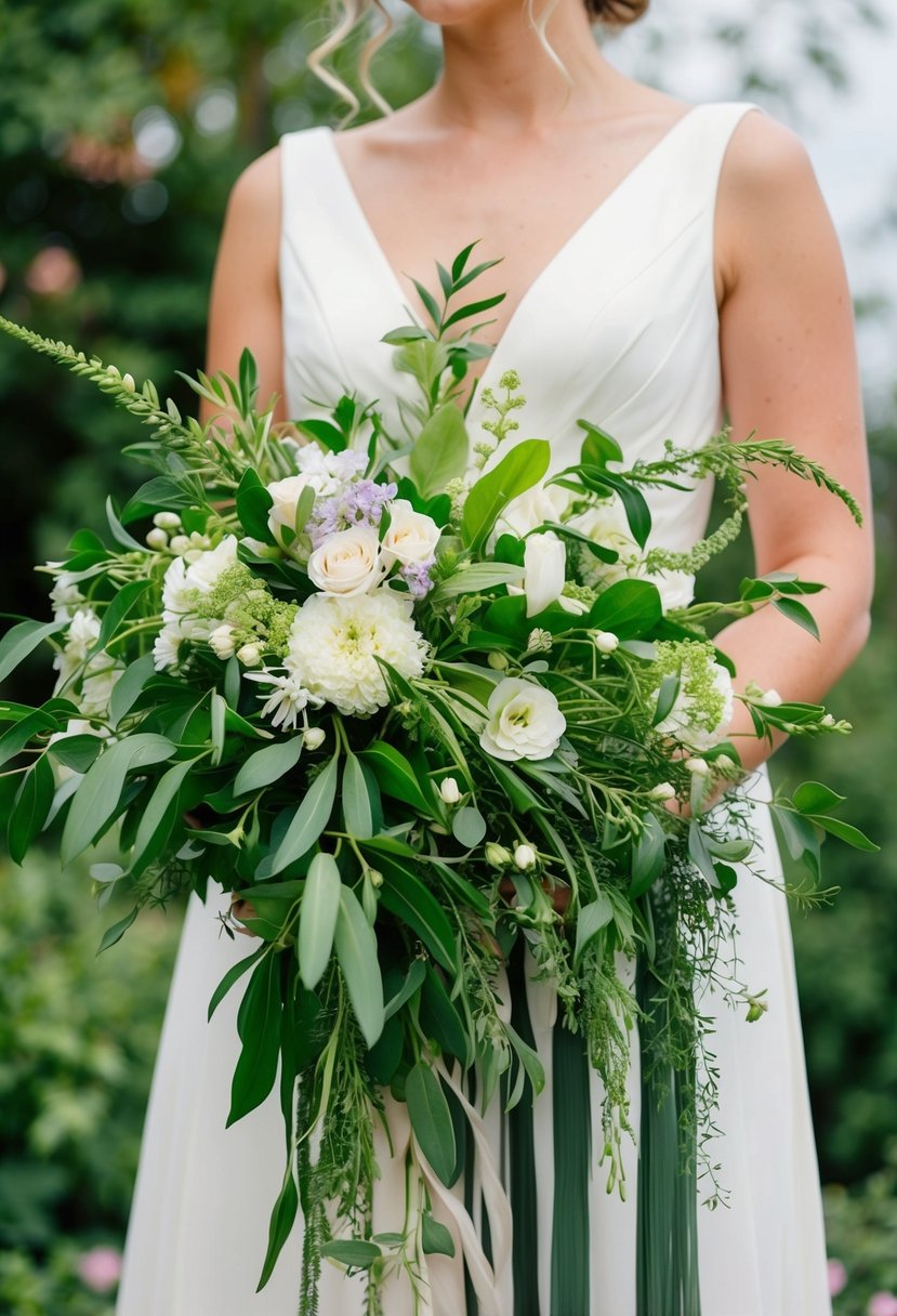 Lush greenery cascades from a bouquet, intertwined with delicate flowers, creating a unique and ethereal wedding arrangement