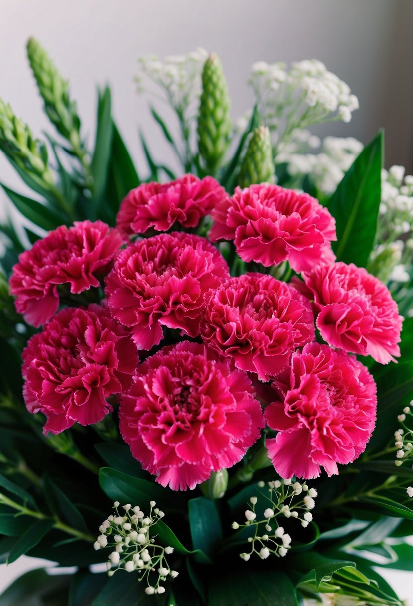 A cluster of vibrant carnations arranged in a bouquet, surrounded by lush greenery and delicate baby's breath