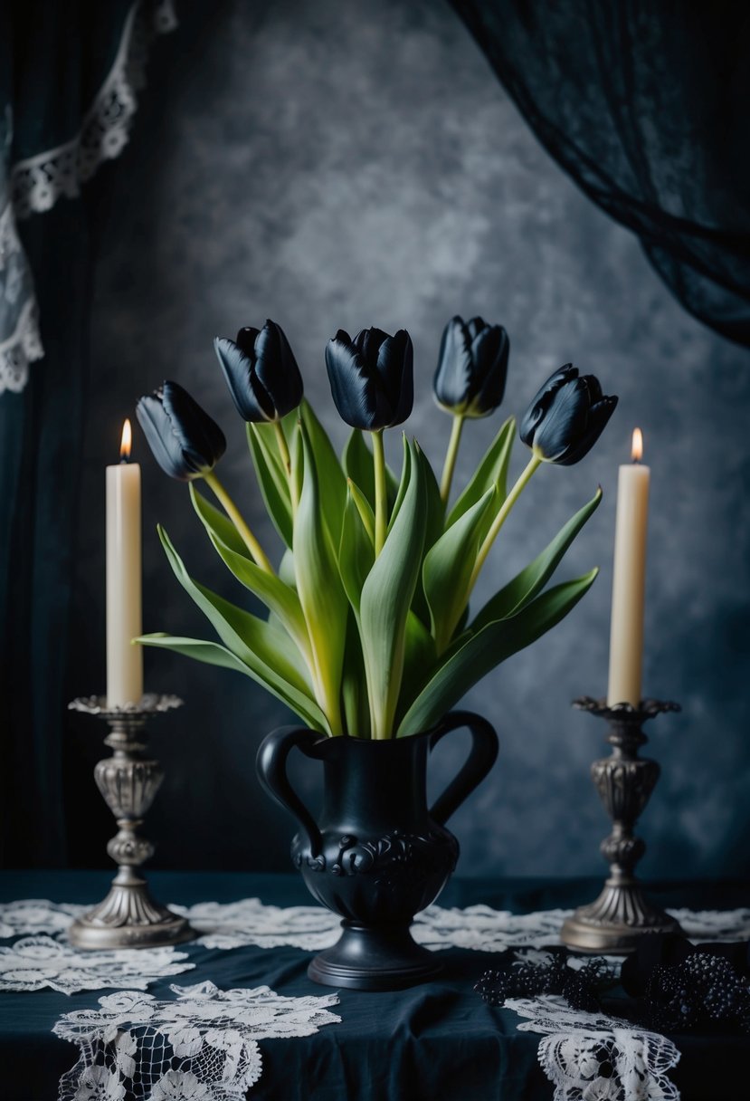 A dark, gothic tulip arrangement with black parrot tulips, set against a moody backdrop with vintage candlesticks and lace