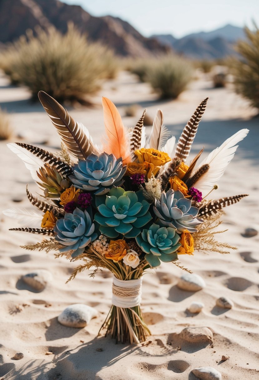 A desert oasis with vibrant succulents, dried flowers, and feathers arranged in a bohemian-inspired wedding bouquet