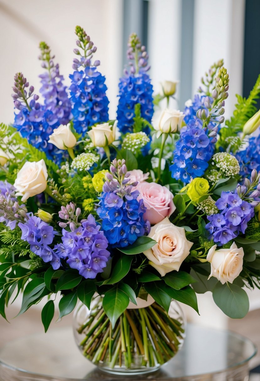 A vibrant summer bouquet of delphiniums, roses, and greenery arranged in an elegant design, perfect for a wedding celebration