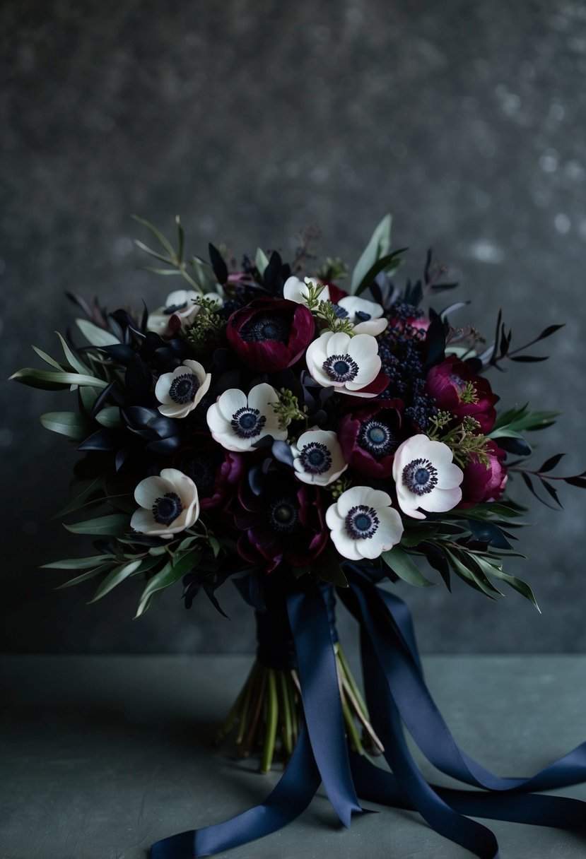 A moody bouquet of deep plum and navy anemones, accented with dark foliage and cascading ribbons