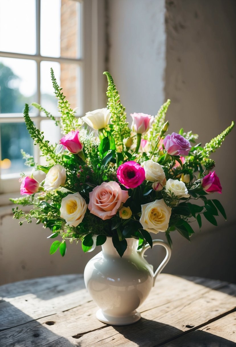 A vibrant bouquet of freesias, roses, and greenery in a white vase on a rustic wooden table. Sunlight streaming in from a nearby window