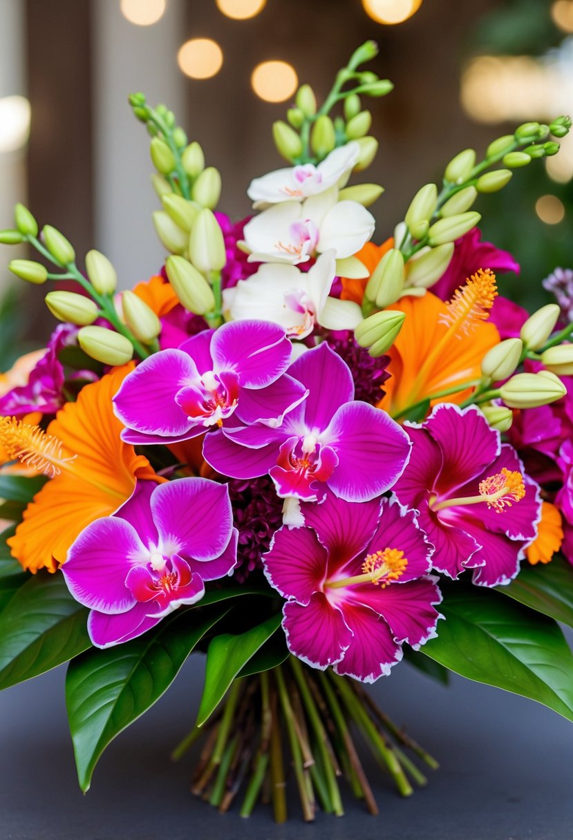 A vibrant bouquet featuring a combination of orchids and hibiscus, arranged in a unique and elegant style, perfect for a wedding celebration