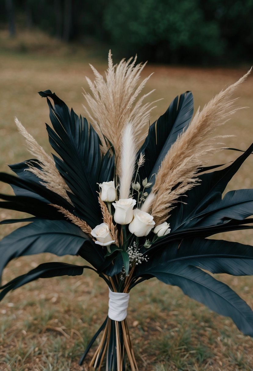 A dark wedding bouquet featuring dried black palm leaves and pampas grass