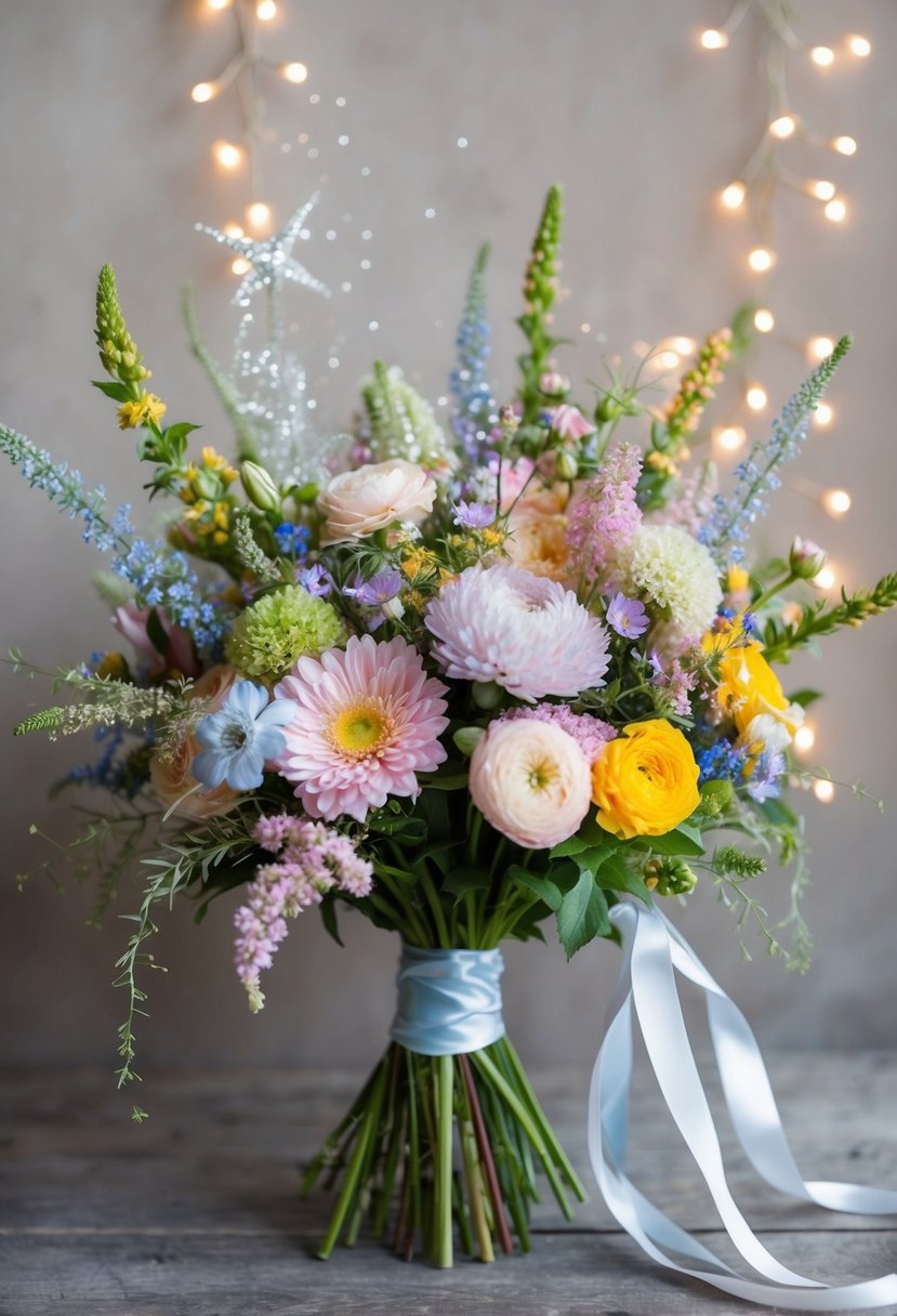 A bouquet of vibrant wildflowers and delicate pastel blooms, adorned with sparkling celestial accents and trailing ribbons