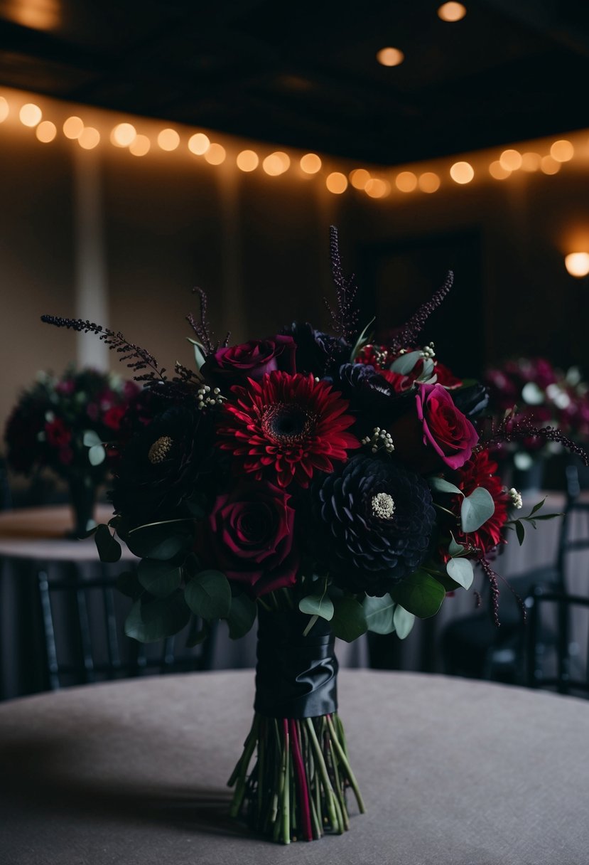 A dimly lit room adorned with deep burgundy and black wedding bouquets, evoking an Old-Hollywood charm with a moody, dramatic atmosphere