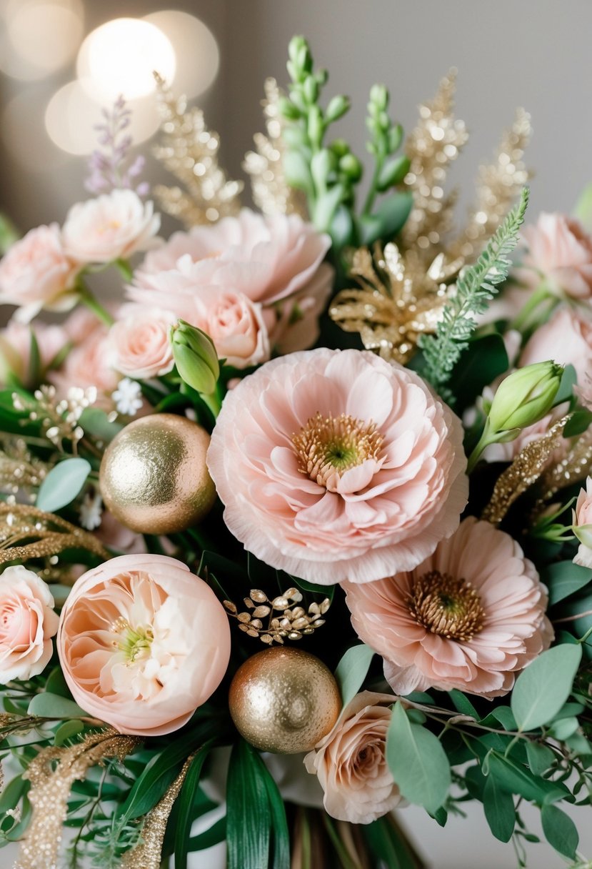 A lush bouquet of blush and gilded flowers, accented with delicate greenery and shimmering details