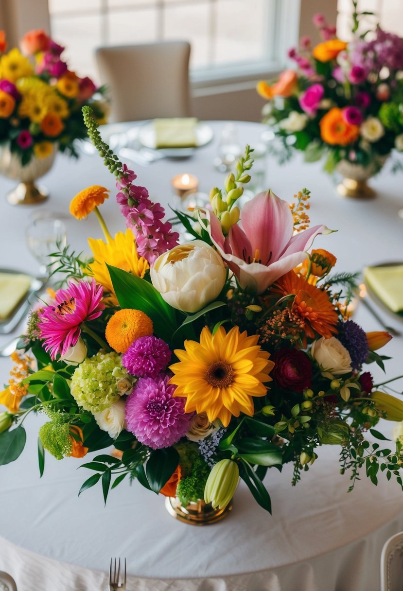 A table adorned with an array of vibrant, fresh flowers in various shapes and colors, arranged in a unique and elegant wedding bouquet design