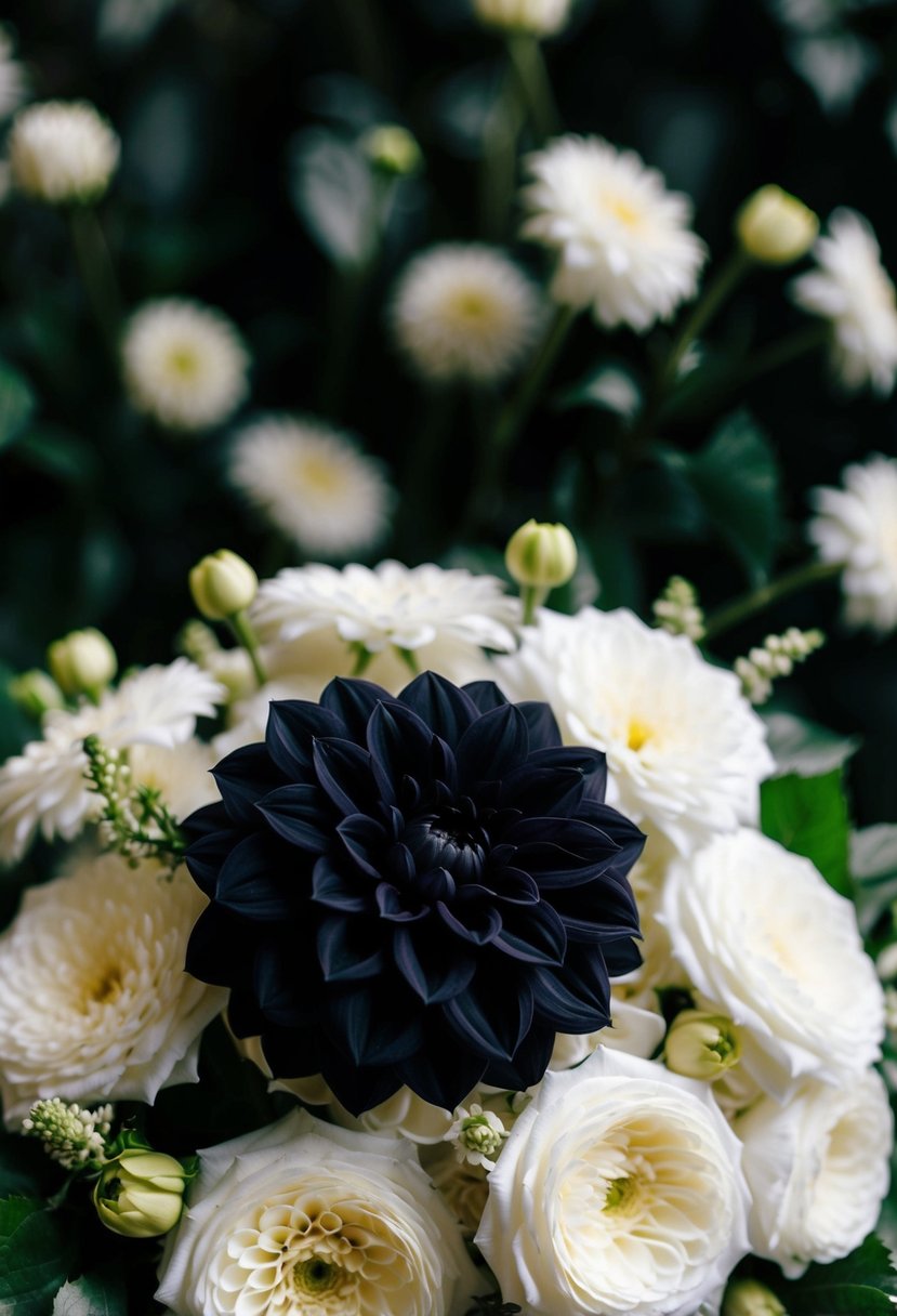 A black beauty dahlia stands out against a backdrop of whispering white flowers in a dark wedding bouquet