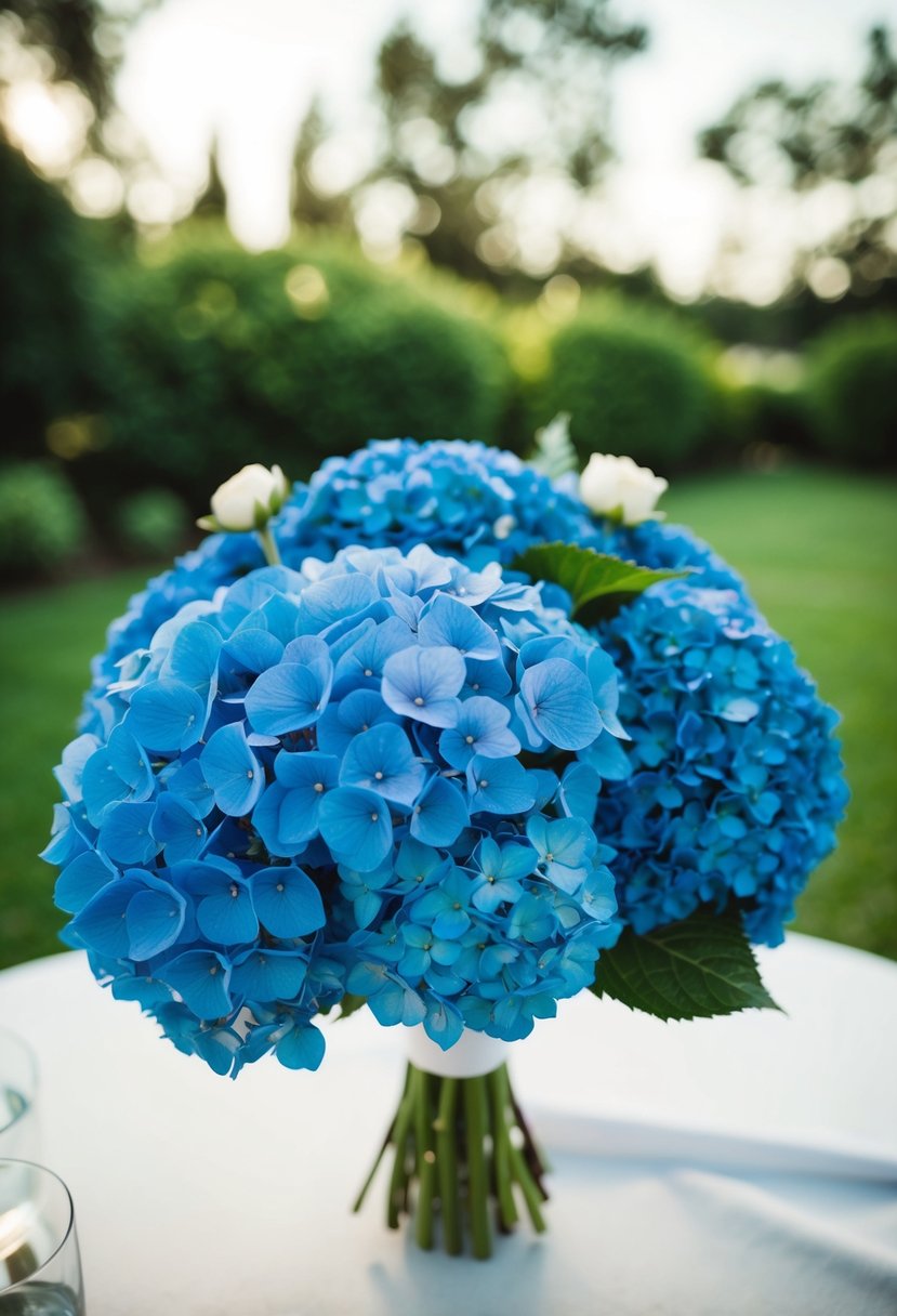 Vibrant blue hydrangeas stand out against a dark wedding bouquet, creating a striking contrast