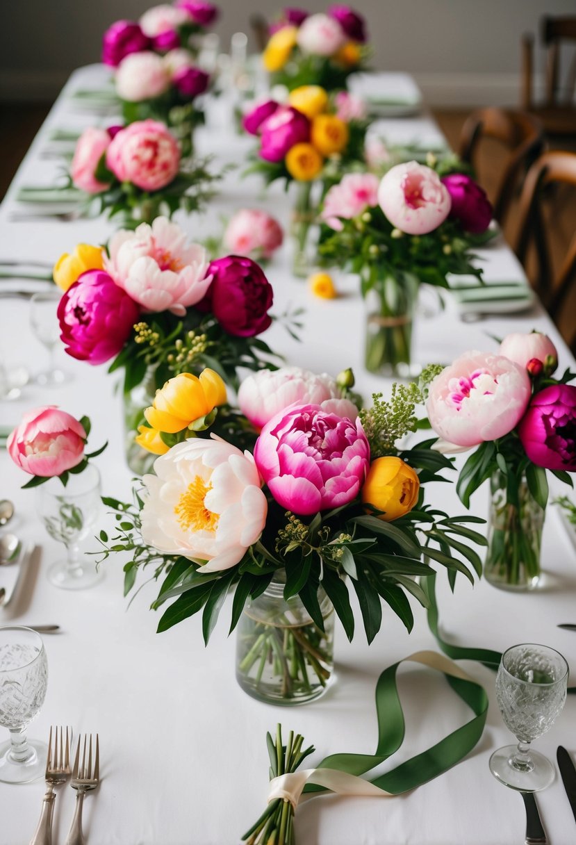 A table scattered with vibrant peony bouquets in various shapes and sizes, accented with delicate greenery and tied with flowing ribbons