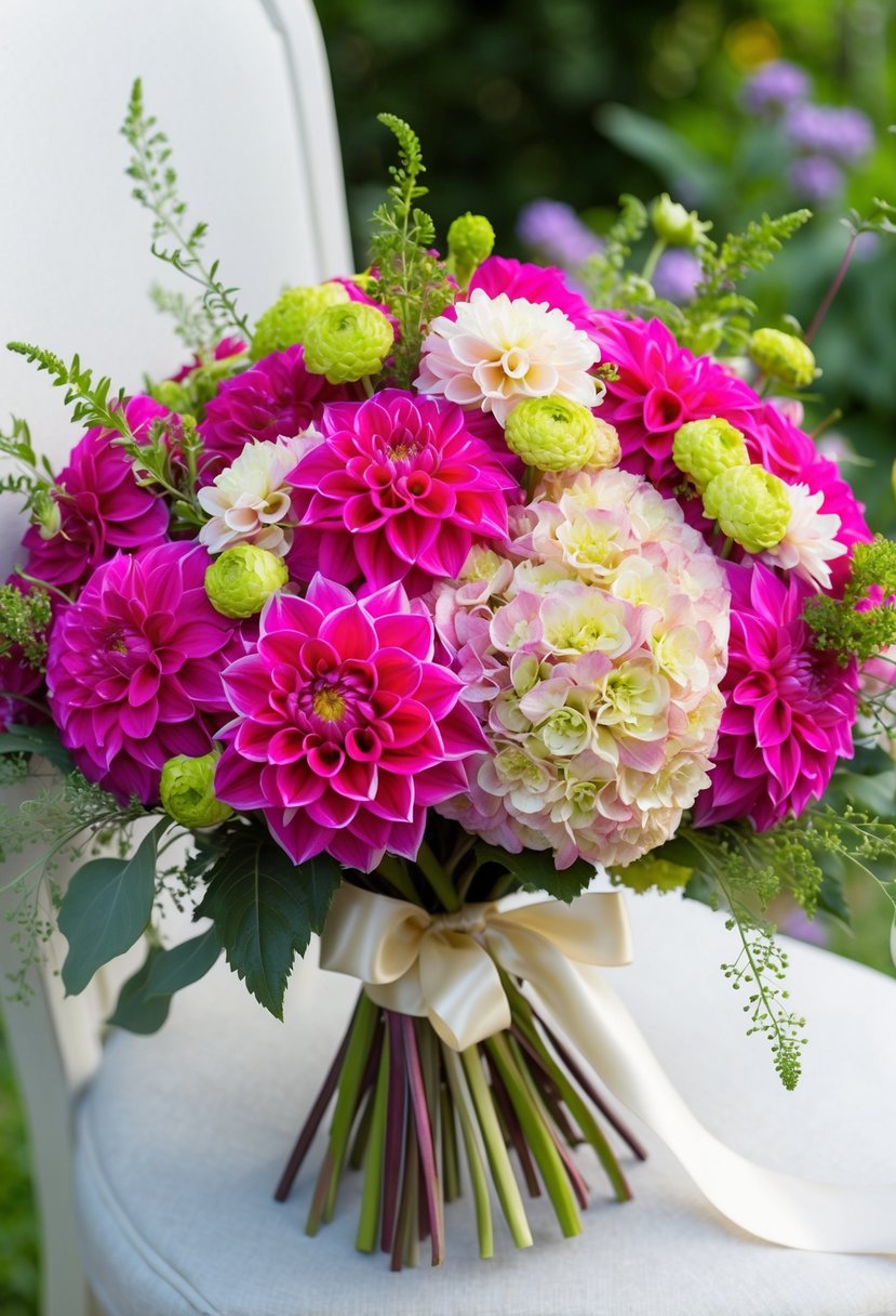 A lush bouquet of vibrant dahlia and hydrangea blooms, intertwined with delicate greenery and tied with a satin ribbon