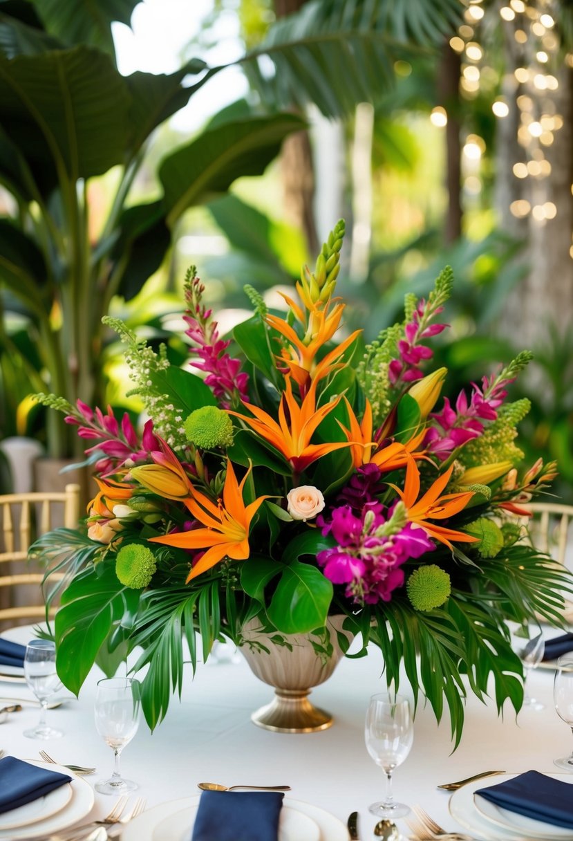 A table adorned with vibrant, exotic flowers and lush greenery, arranged in an elegant and artistic manner, creating stunning wedding bouquet ideas