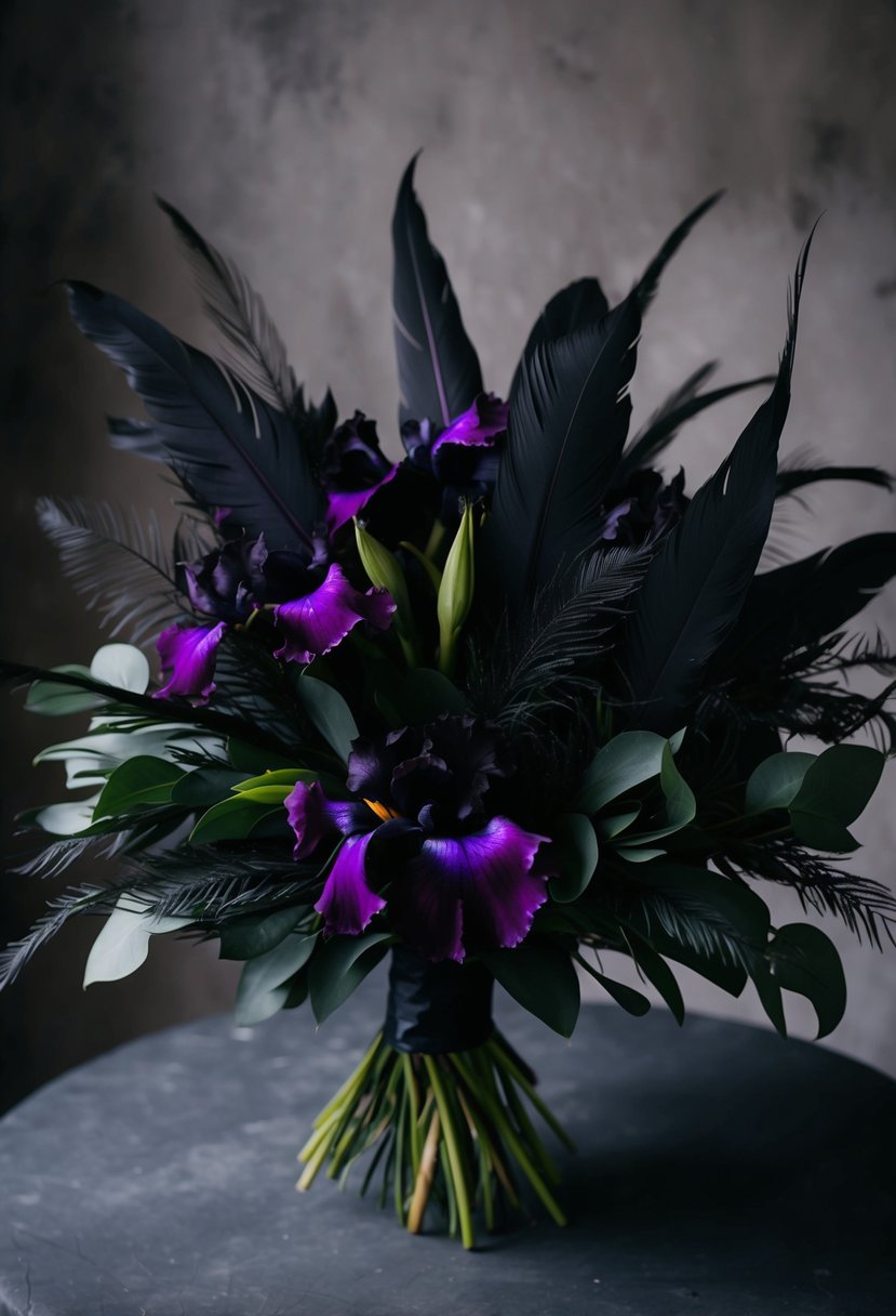 A moody, elegant bouquet of deep purple and black irises, accented with dark foliage and feathers, creating a striking and unconventional wedding arrangement