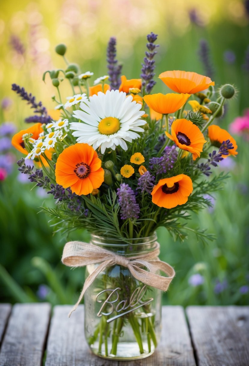 A vibrant bouquet of wildflowers, including daisies, poppies, and lavender, tied with a rustic ribbon and nestled in a vintage mason jar