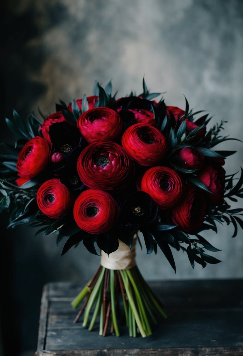 A lush, sultry bouquet of deep red ranunculus and velvety black foliage, set against a moody background