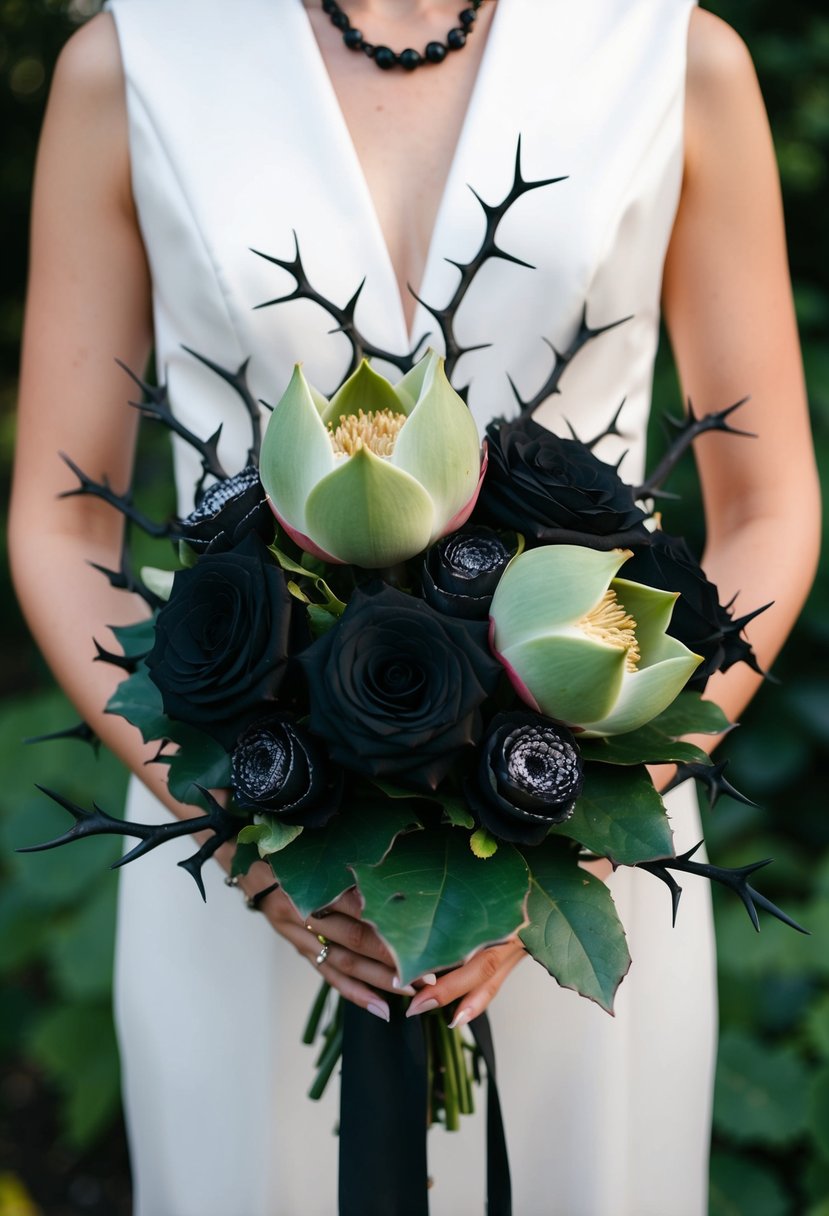 Unconventional lotus pods, black roses, and thorny vines arranged in a gothic-inspired wedding bouquet