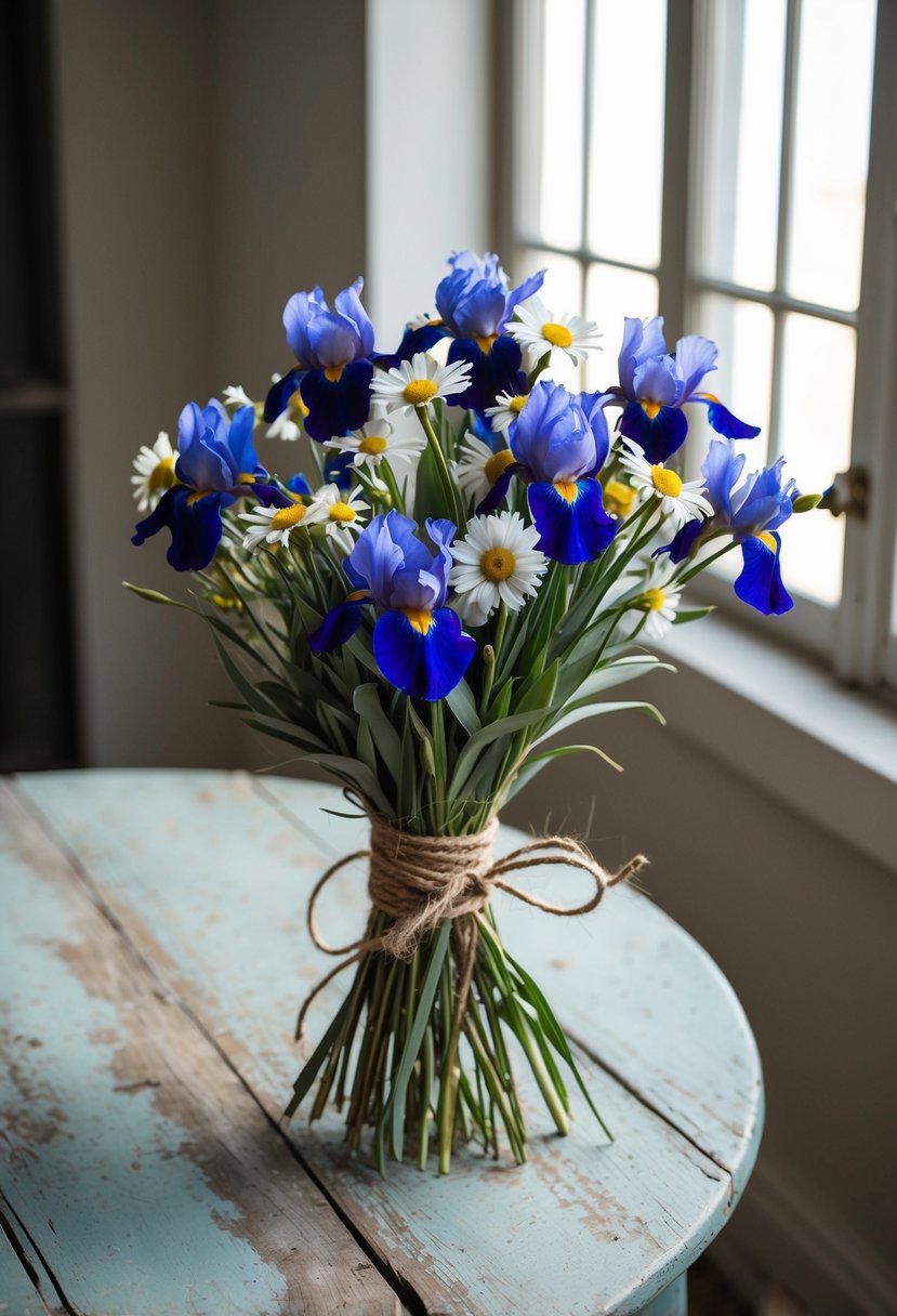 A rustic bouquet of irises and daisies, tied with twine, sits on a weathered wooden table. Sunlight filters through a nearby window, casting a soft glow on the delicate flowers