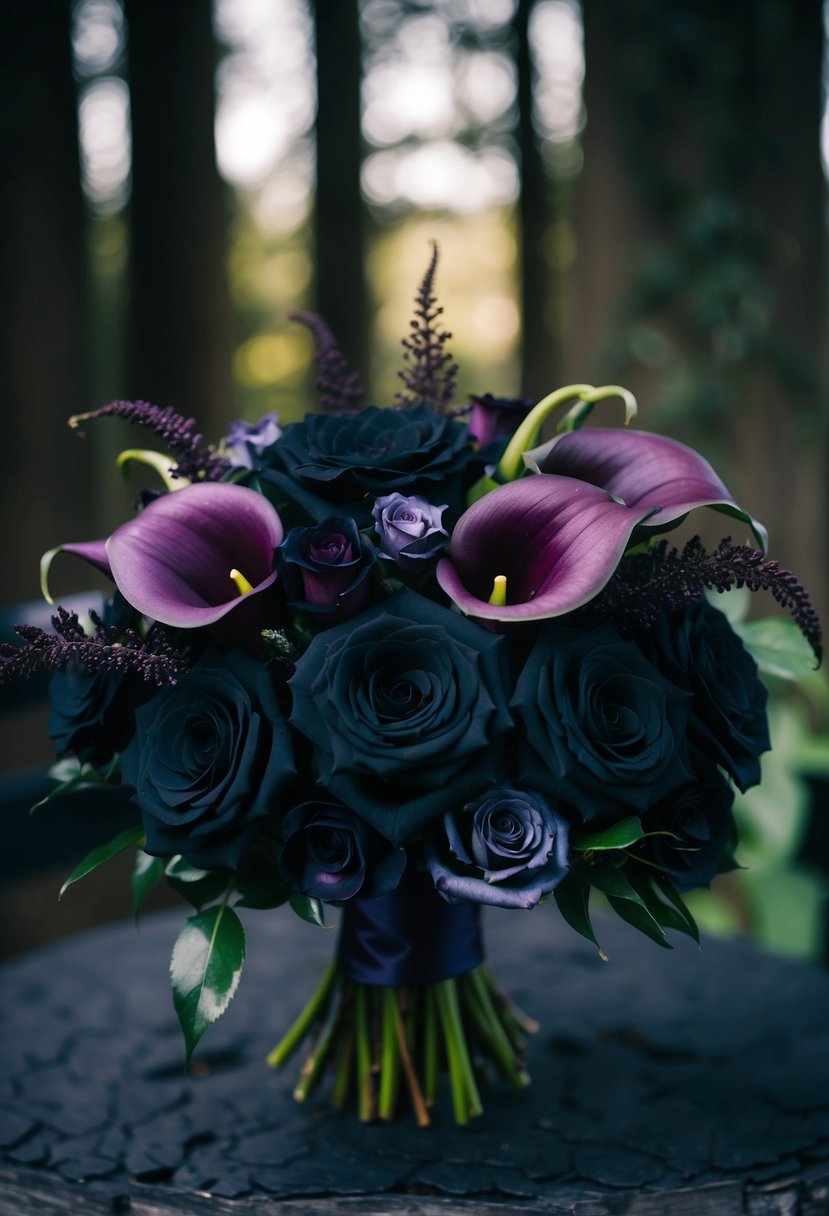 A dark, moody wedding bouquet featuring black roses, deep purple calla lilies, and gothic floral accents