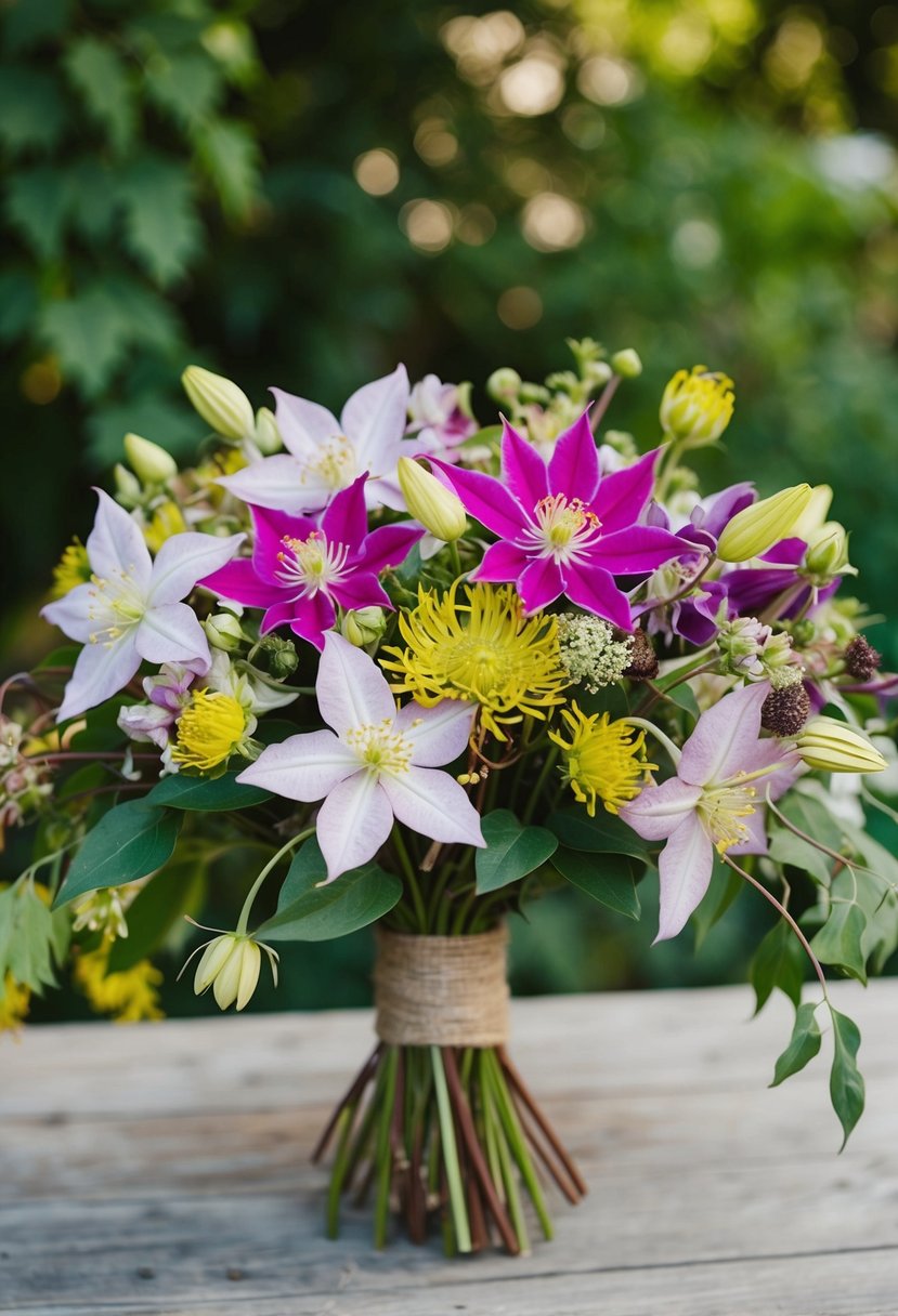 A vibrant mix of Clematis and Craspedia wildflowers arranged in a rustic wedding bouquet