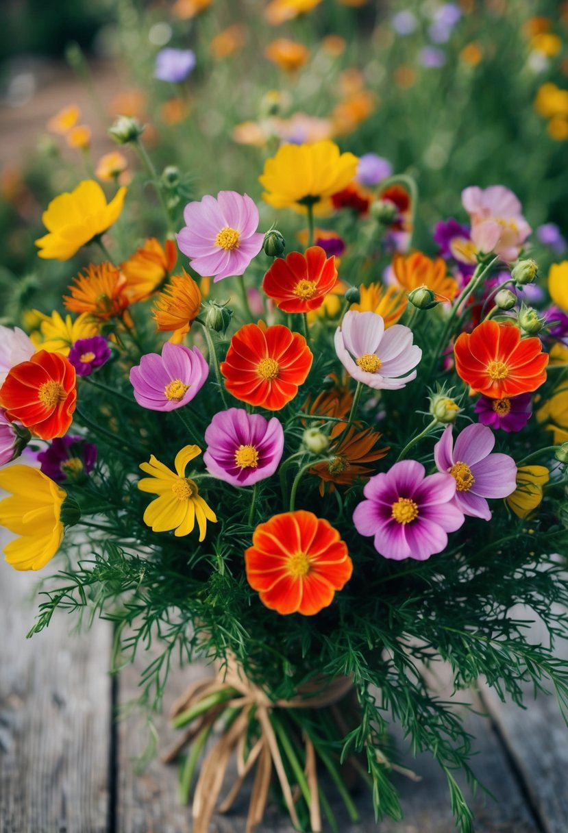 A vibrant bouquet of sweetpeas and cosmos blooms in a rustic, wildflower-inspired arrangement