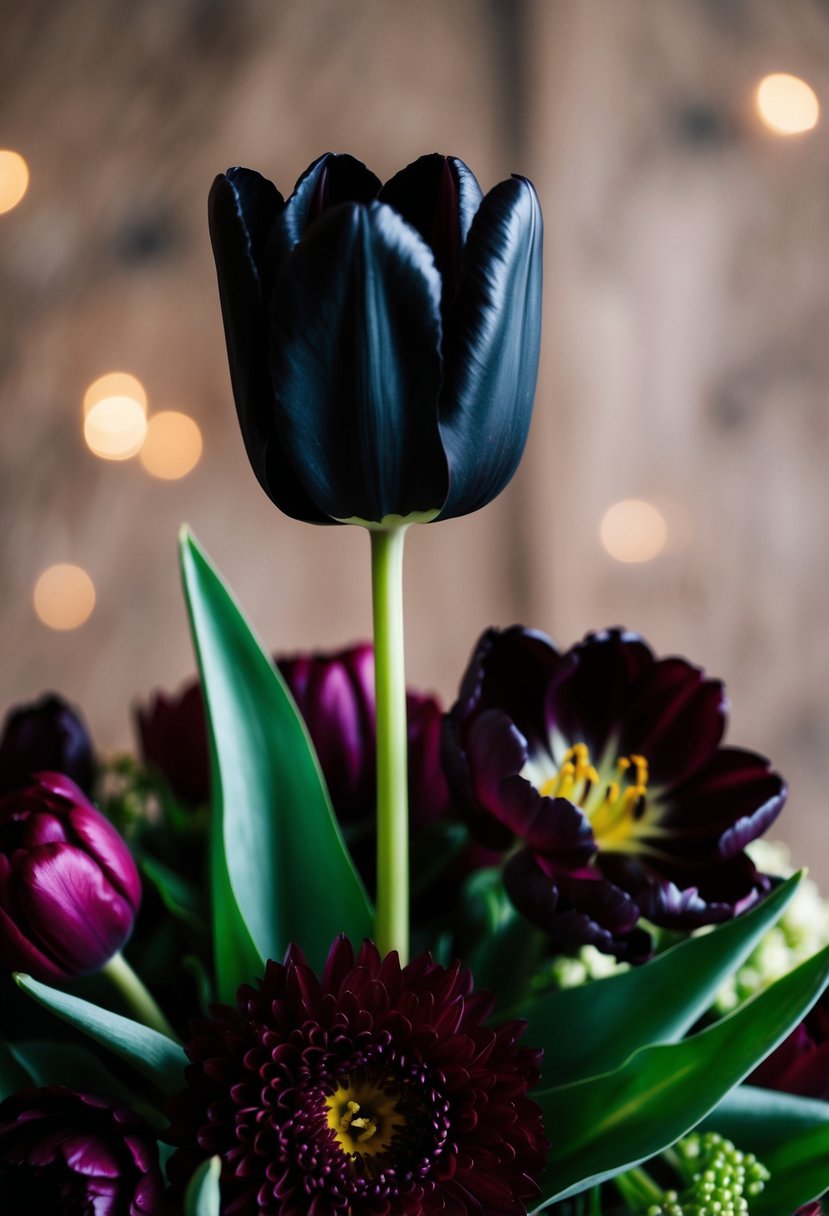 A black tulip stands tall among a deep burgundy bouquet, creating a striking dark wedding bouquet