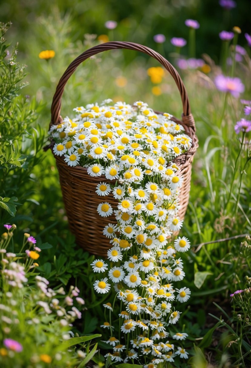 A vibrant cascade of mountain daisies tumbles from a rustic, woven basket, surrounded by lush greenery and delicate wildflowers