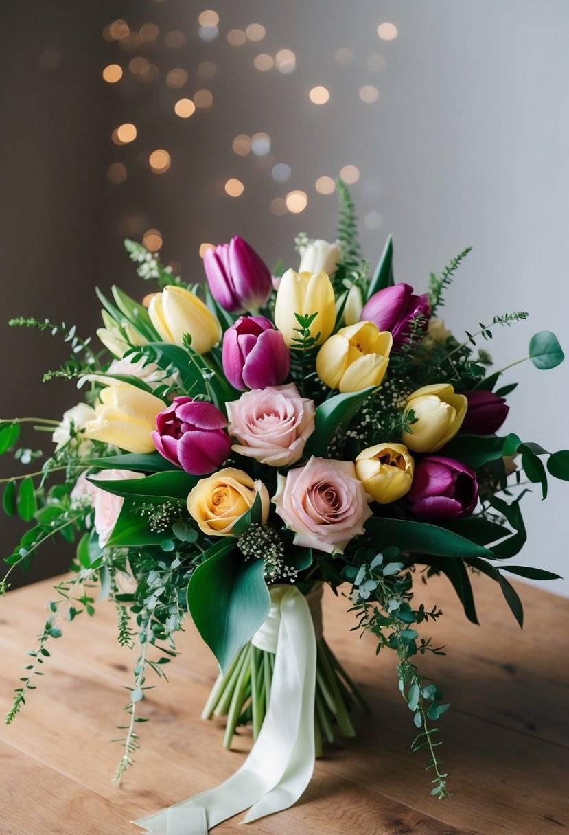 A vibrant wedding bouquet with tulips and roses, arranged in a cascading style with greenery and ribbon accents