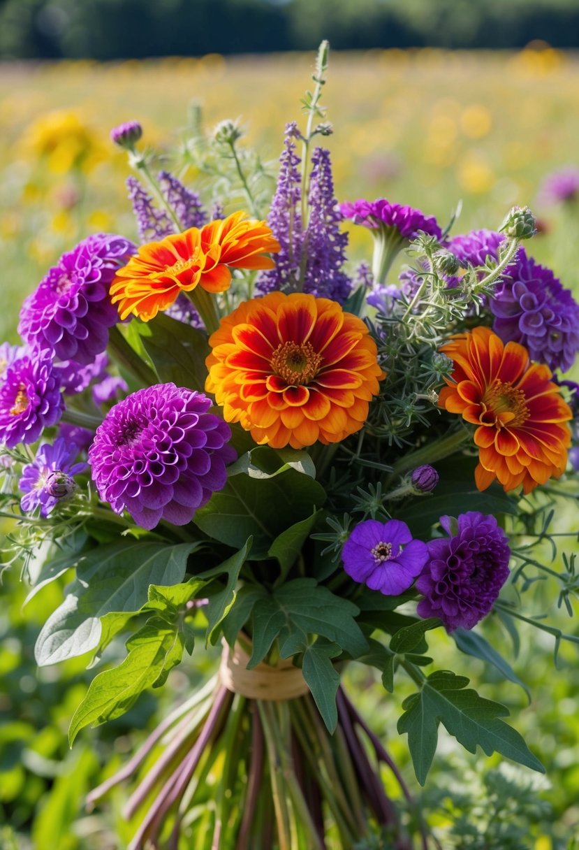 A vibrant bouquet of zinnias and purple vervain, intertwined with delicate greenery, set against a backdrop of a sunlit meadow