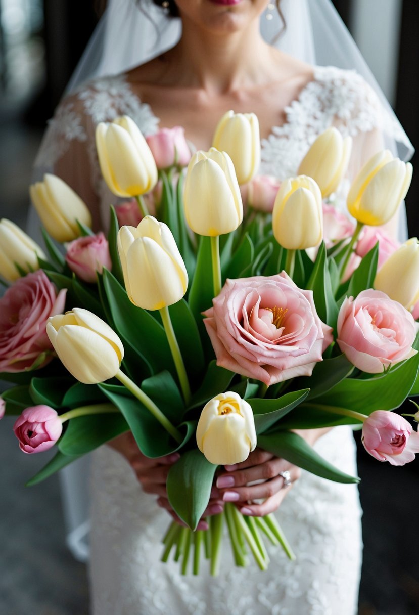 Cream tulips and soft pink roses arranged in an elegant wedding bouquet