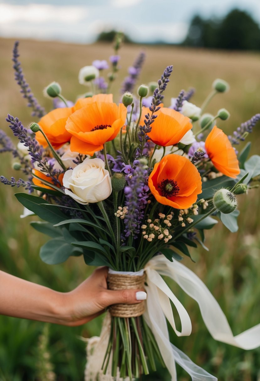 A rustic wedding bouquet featuring vibrant boho poppies and delicate lavender wildflowers, tied with twine and adorned with flowing ribbons