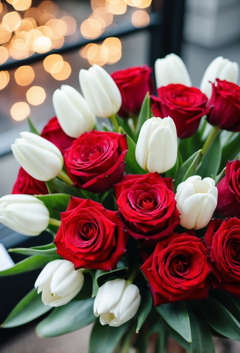 A bouquet of red roses and white tulips intertwined