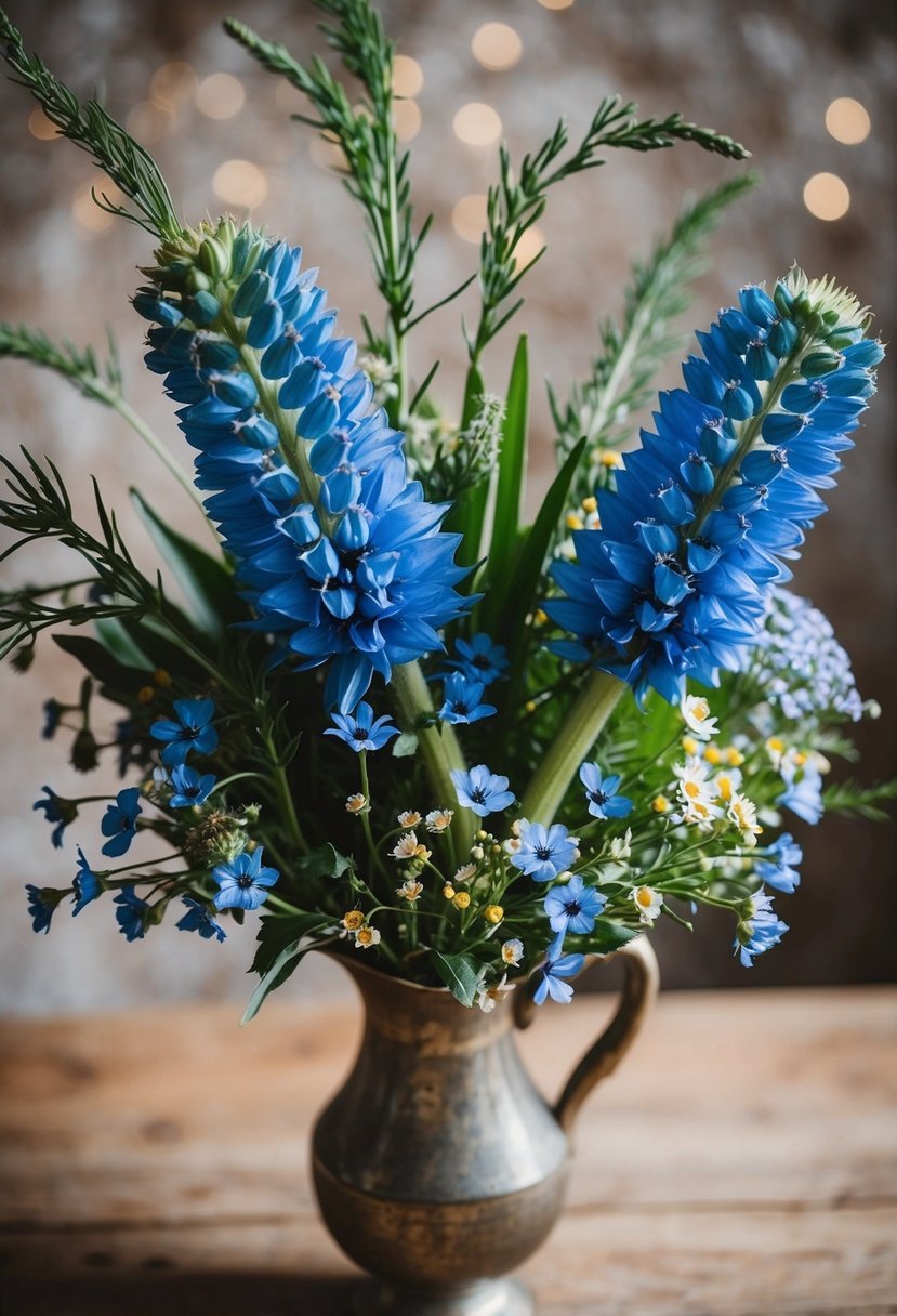 A rustic wedding bouquet featuring chicory and blue cornflowers, nestled among wildflowers in a vintage vase